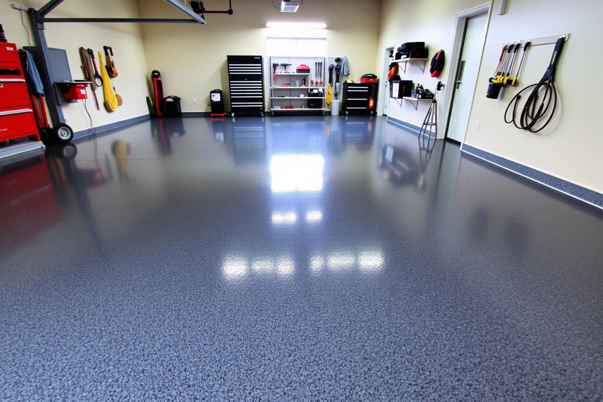 Finished garage with high-gloss decorative flake epoxy floor